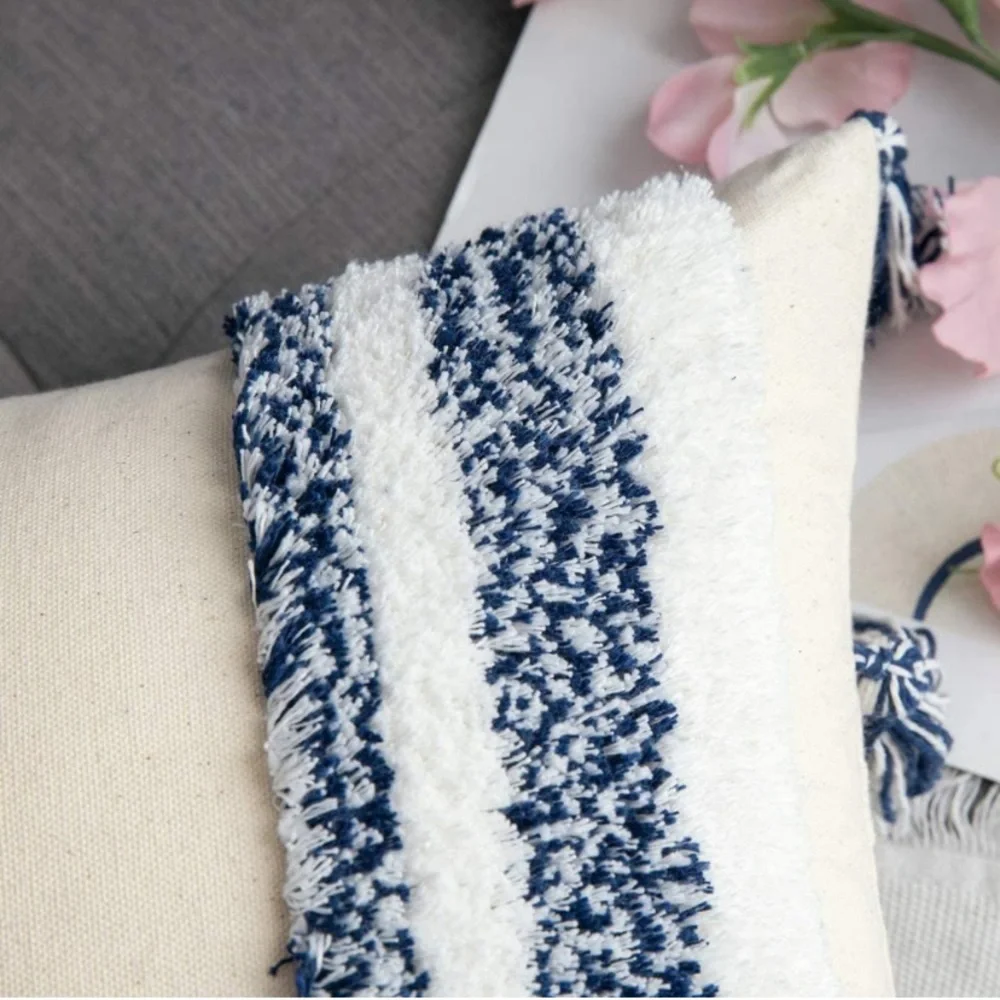 Luxury Home | Boho Chic Blue & White Tufted Woven Tassel Lumbar Pillow Cover